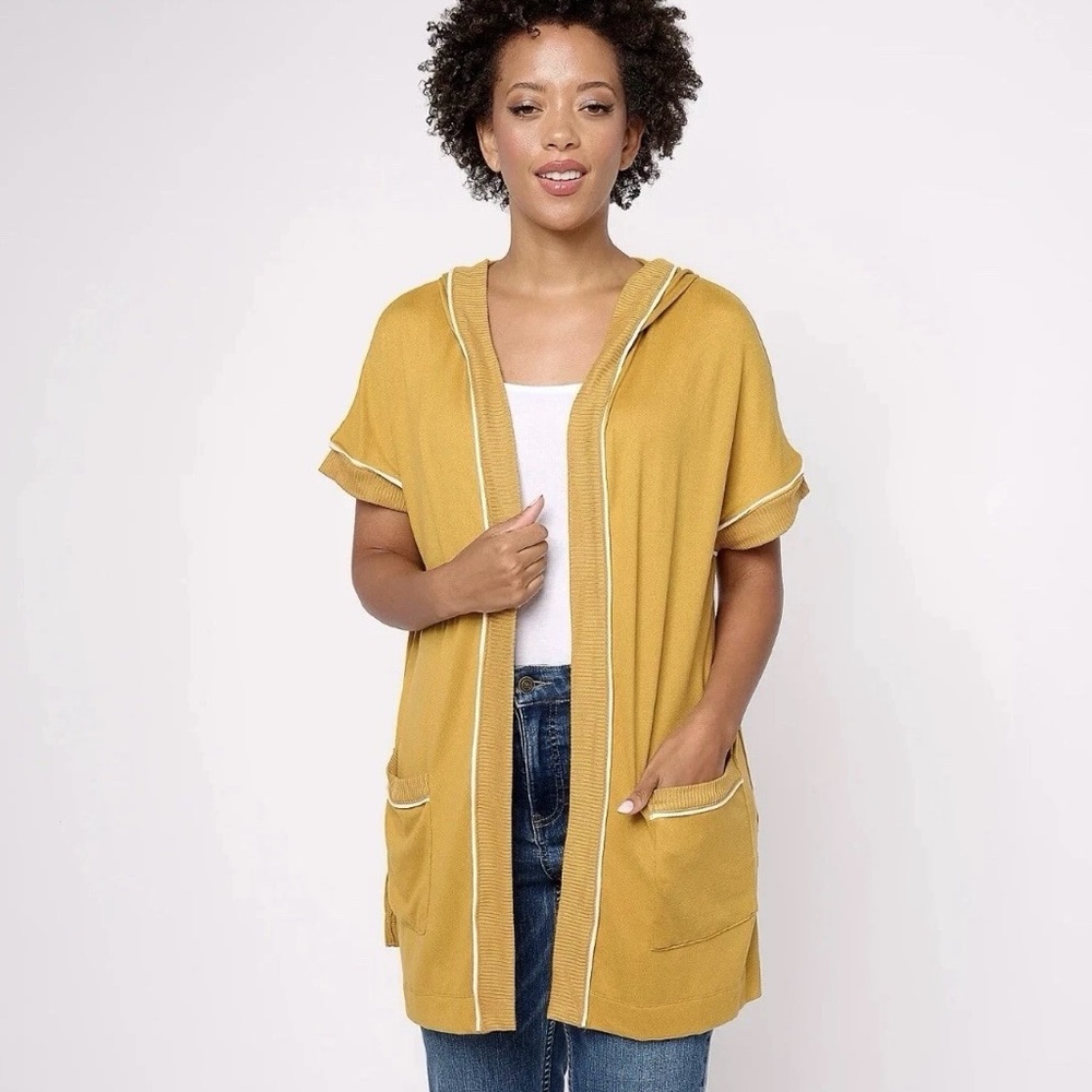 Koolaburra Mustard Yellow Long Cardigan L SOFT Hooded Pockets!